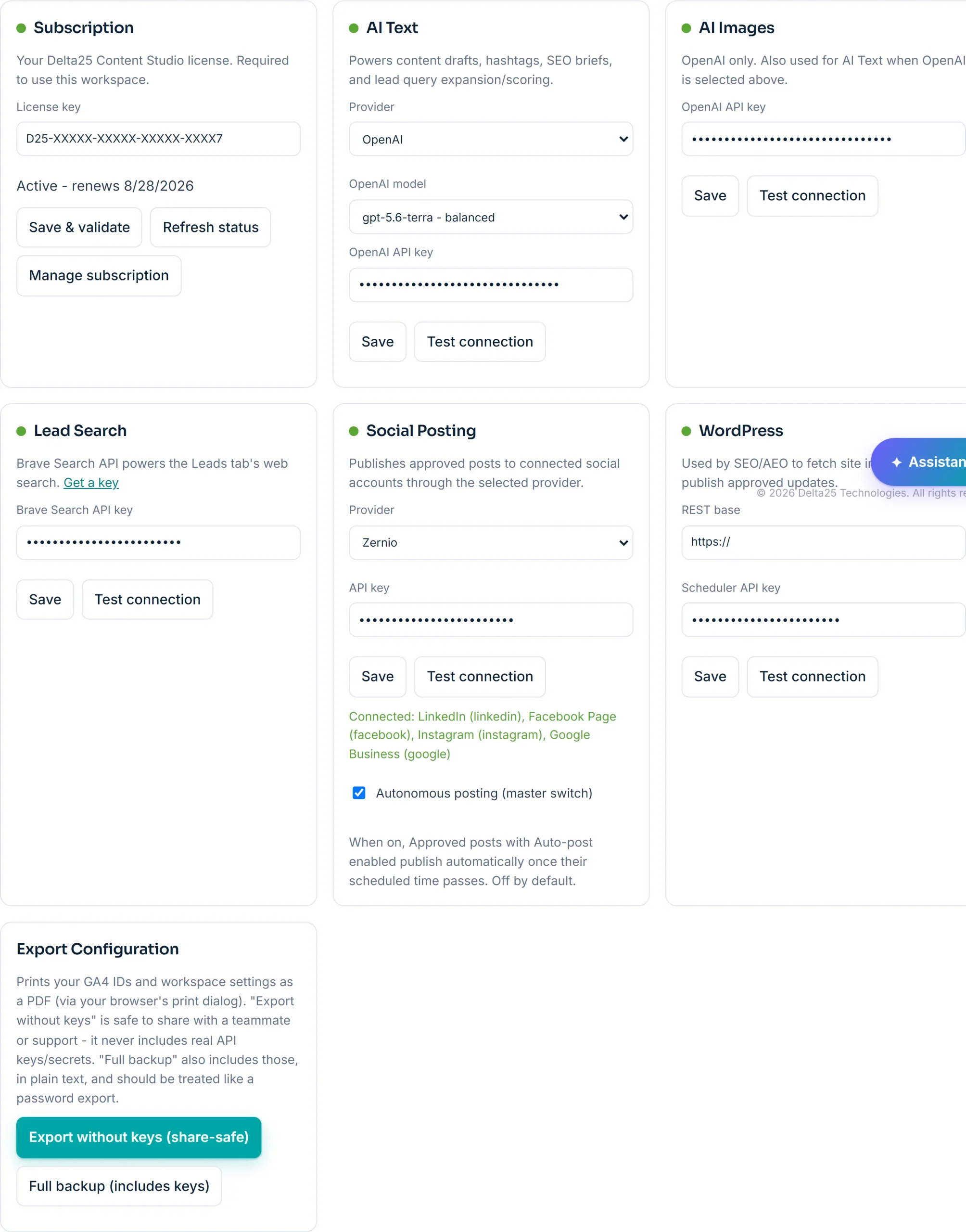 The connections panel: subscription, AI text, AI images, lead search, social posting and WordPress, each with its own key field and test button.