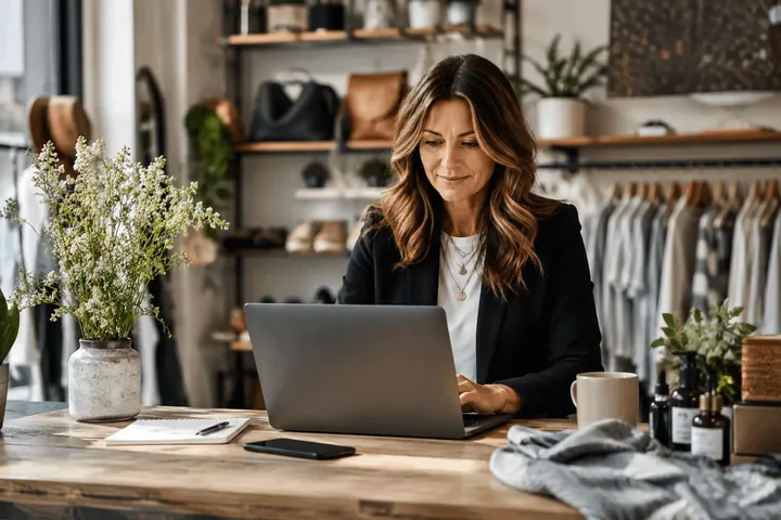 A small business owner working on a laptop in her shop